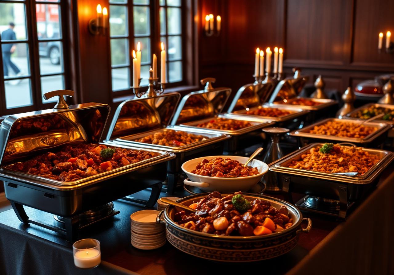 Catering setup with chafing dishes of Caribbean and Southern soul food